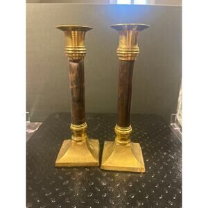 Brass Candlesticks with faux Wood look - set of two